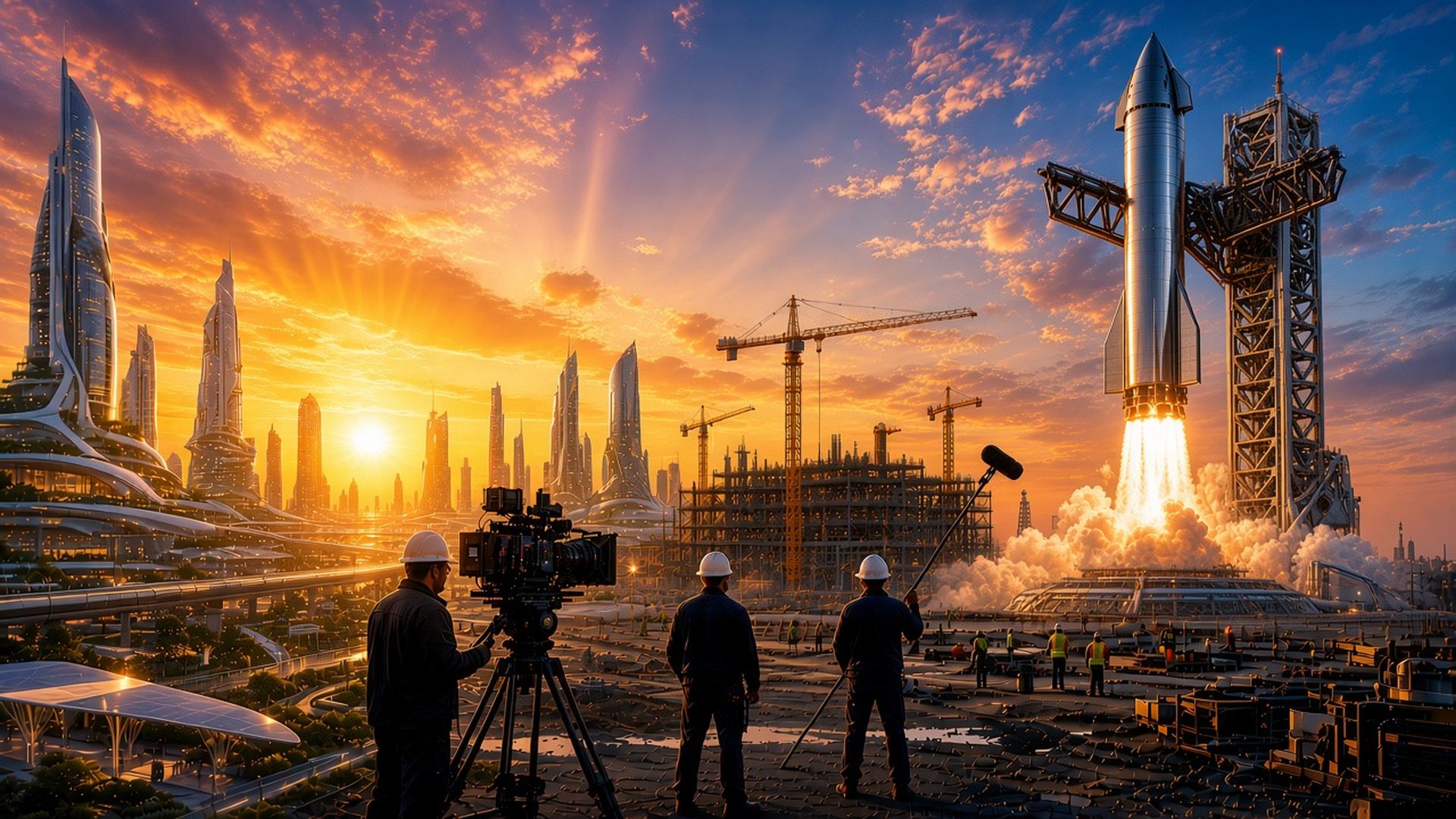 Sunrise over a futuristic city with a rocket ship lifting off and a film crew capturing it